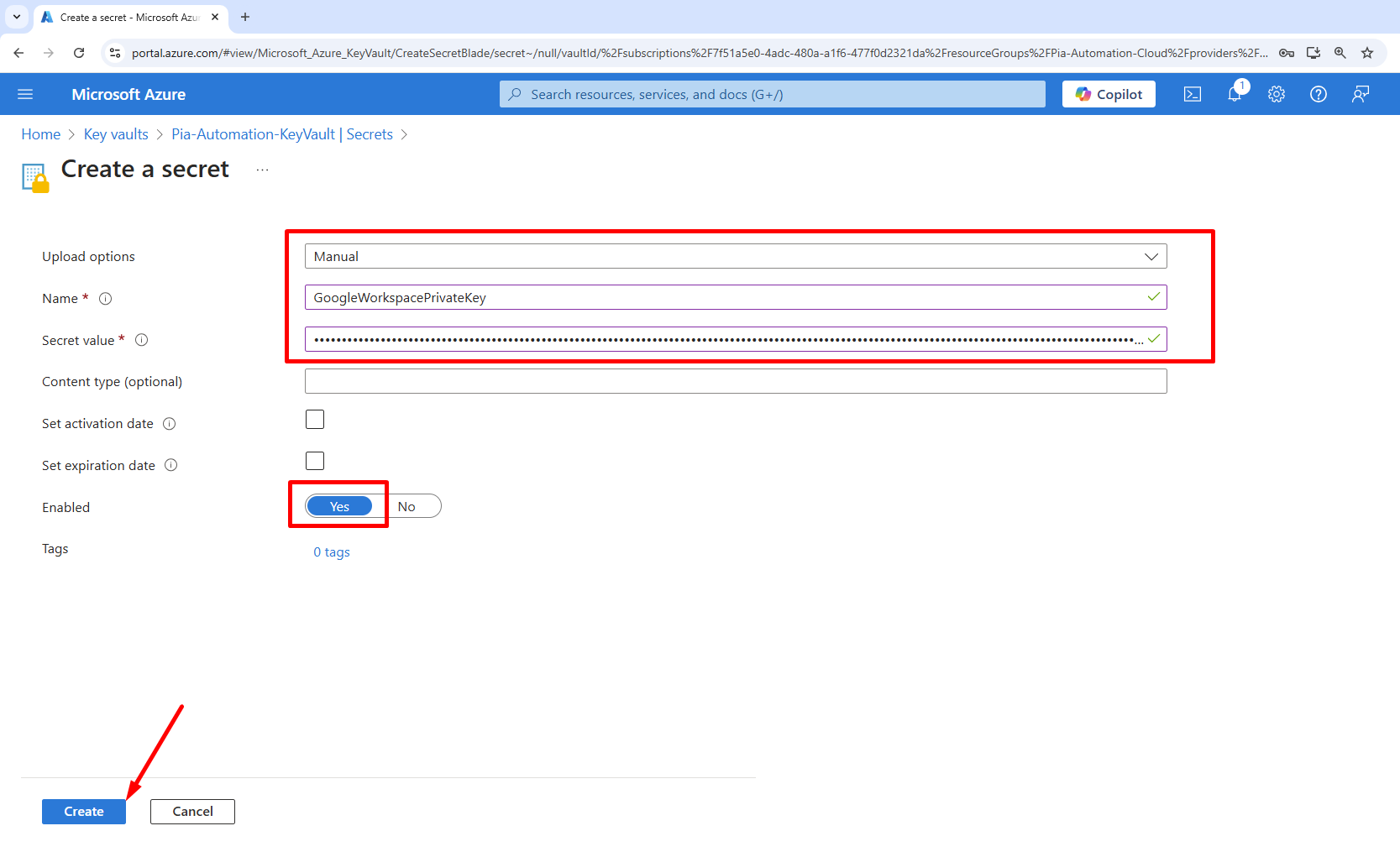 Azure Key Vault Key Config