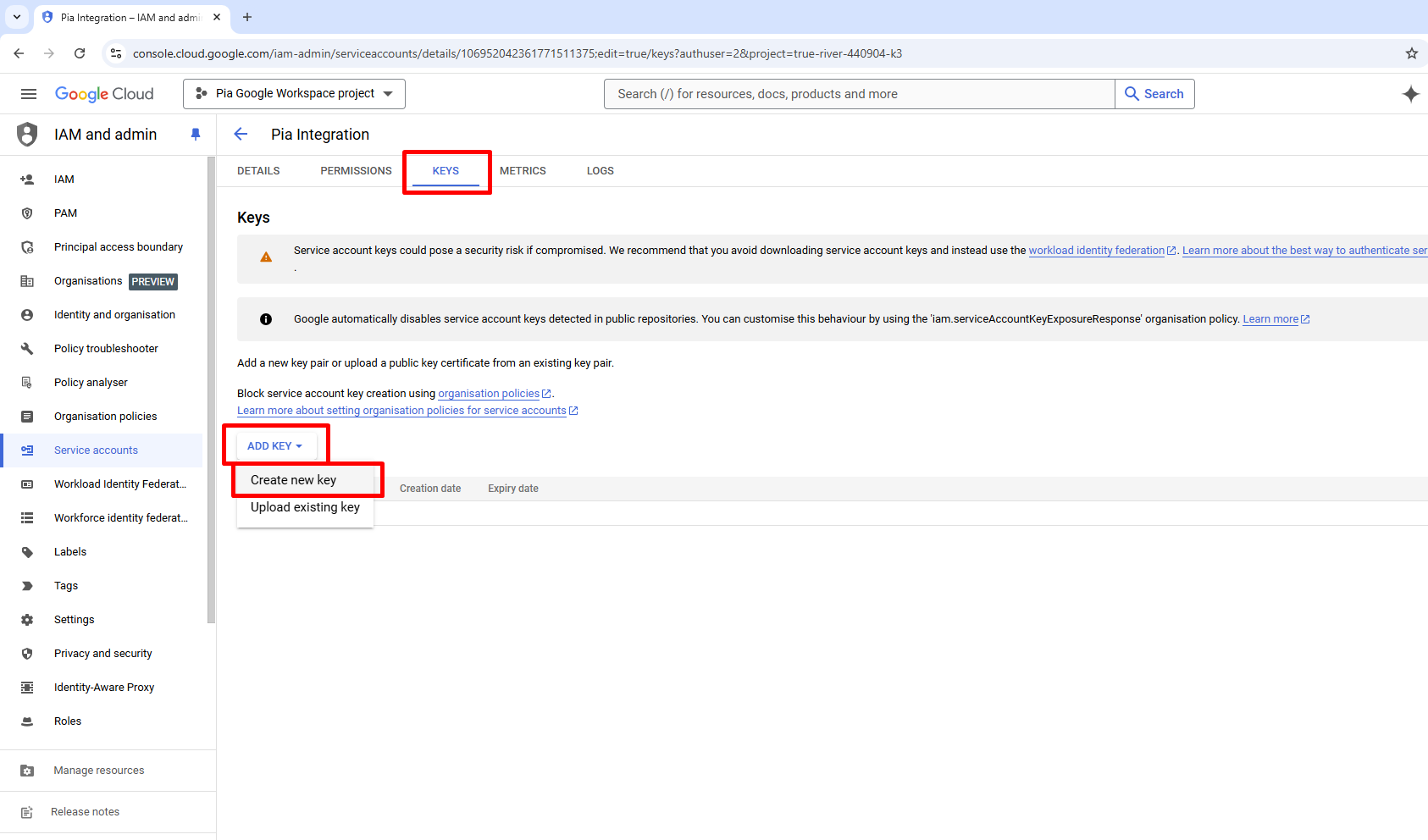 Google Workspace Generate Key Select